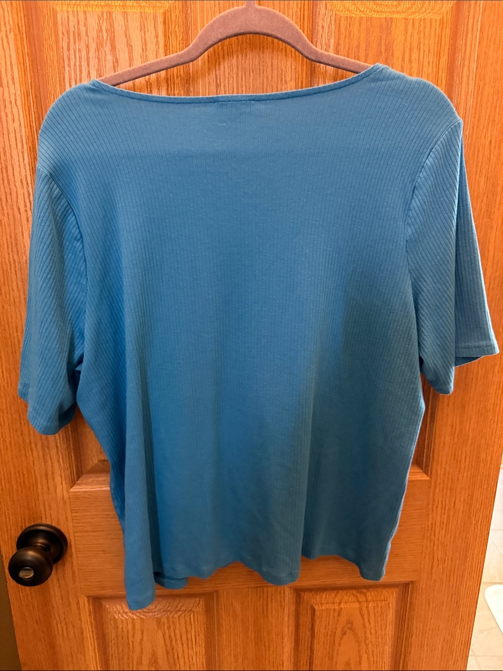 Talbots Teal Blue Ribbed V-Neck Top with Lace Trim - Picture 2 of 9